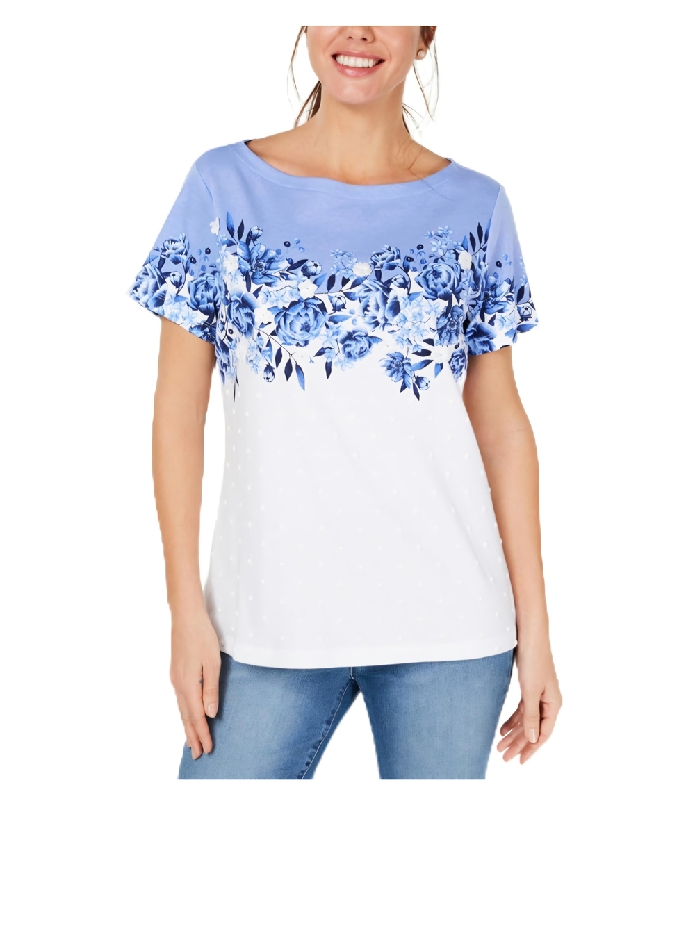 Karen Scott Blue Floral Print Applique Boat Neck T-Shirt